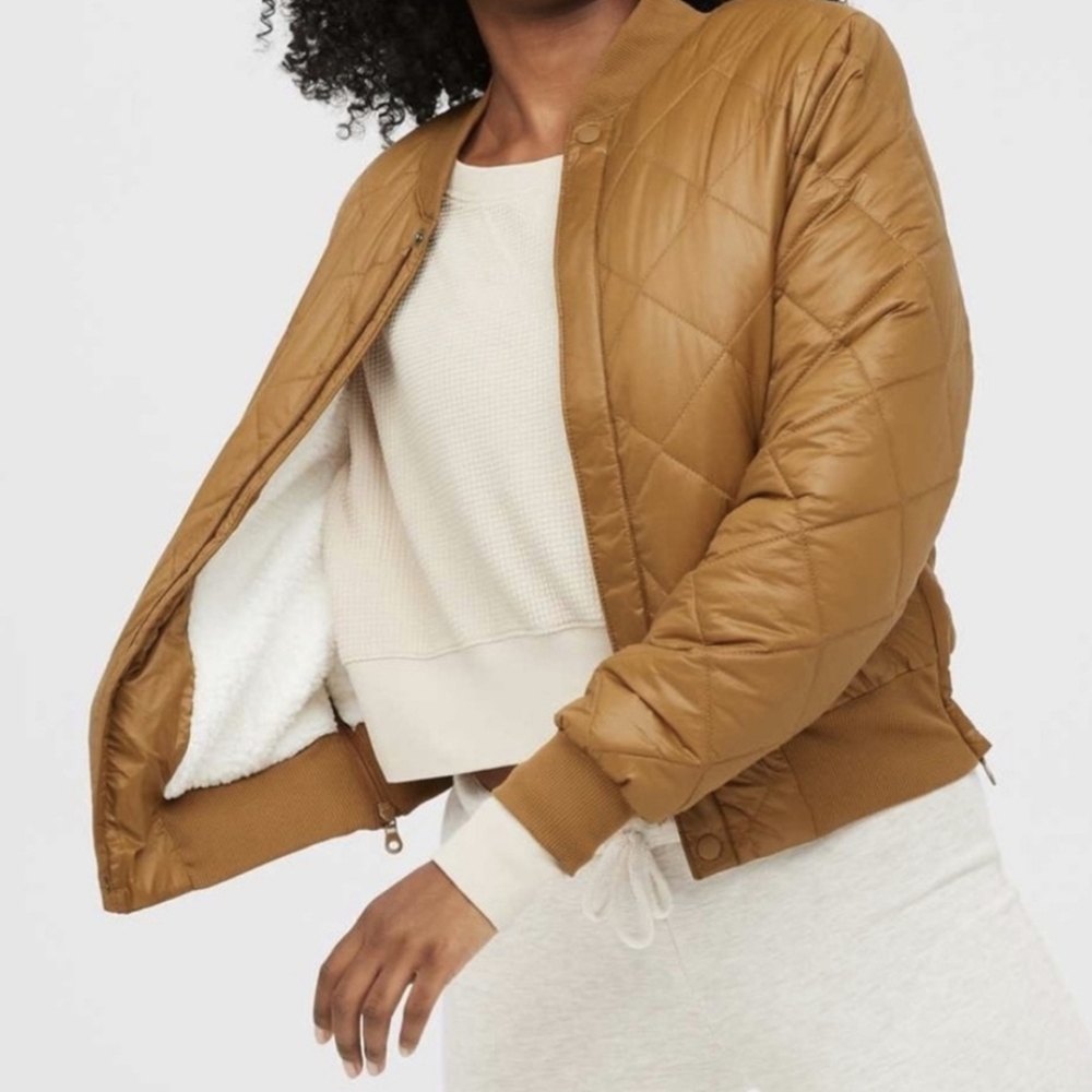 aerie Quilted Bomber Jacket in Caramel Brown